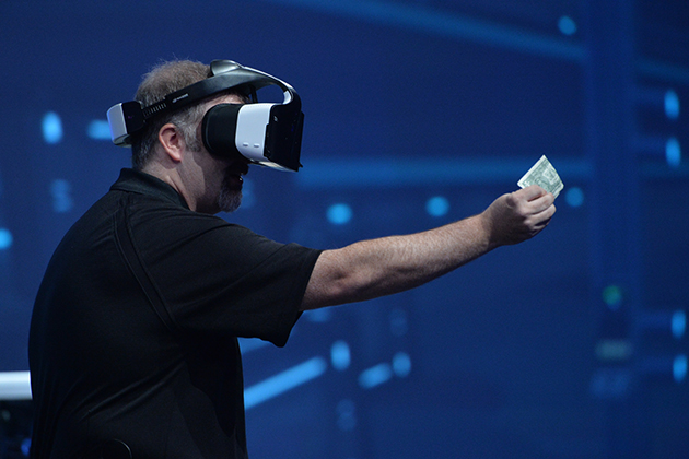 Intel’s Craig Raymond displays the Project Alloy virtual reality headset during the Day 1 keynote at the 2016 Intel Developer Forum in San Francisco on Tuesday, Aug. 16, 2016. Intel CEO Brian Krzanich’s keynote presentation offered perspective on the unique role Intel will play as the boundaries of computing continue to expand. (Credit: Intel Corporation)