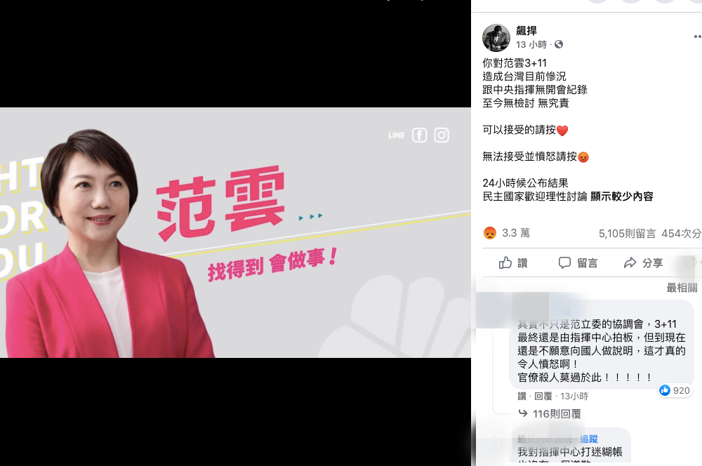館長辦3+11究責范雲、指揮中心臉書投票 12小時破三萬網怒：一點悔意都沒有！