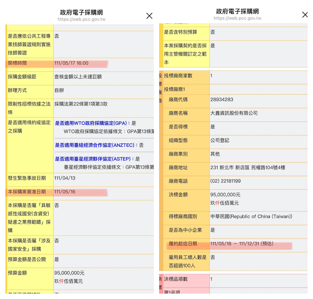 立委洪孟楷提供的大鑫資訊得標資訊。