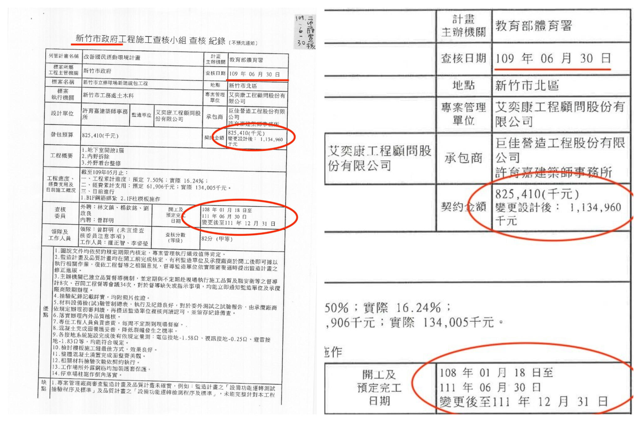 國民黨立委洪孟楷提供，新竹棒球場工程的相關查核紀錄。