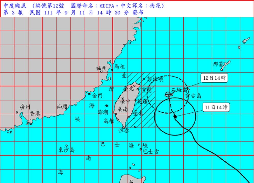 梅花颱風來襲　暴風圈逐漸威脅台灣東半部及北部海面