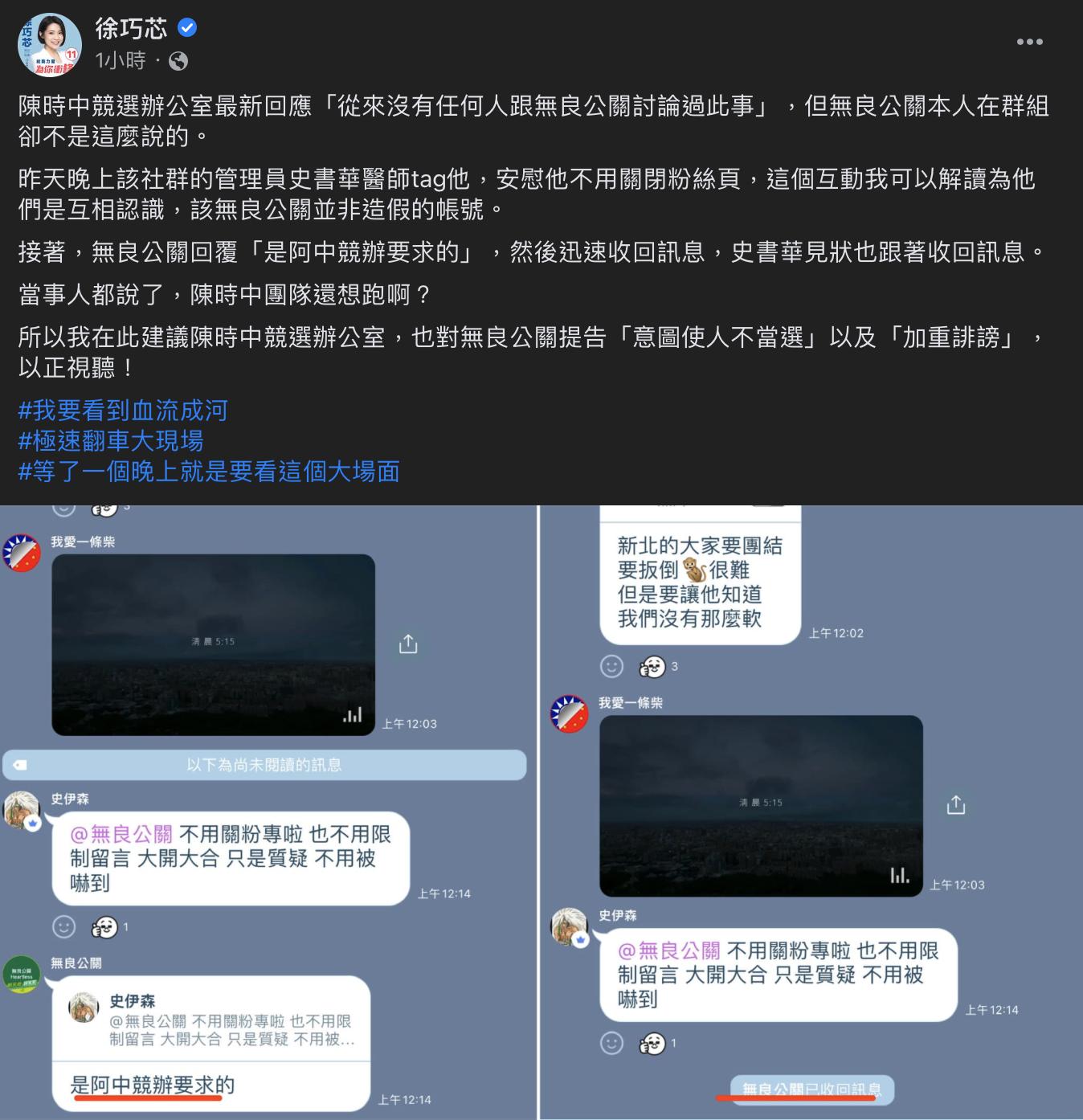 台北市議員徐巧芯10日在臉書上秀出疑似綠營內部對話截圖，對話中要求散播抹黑文件的粉專關閉。