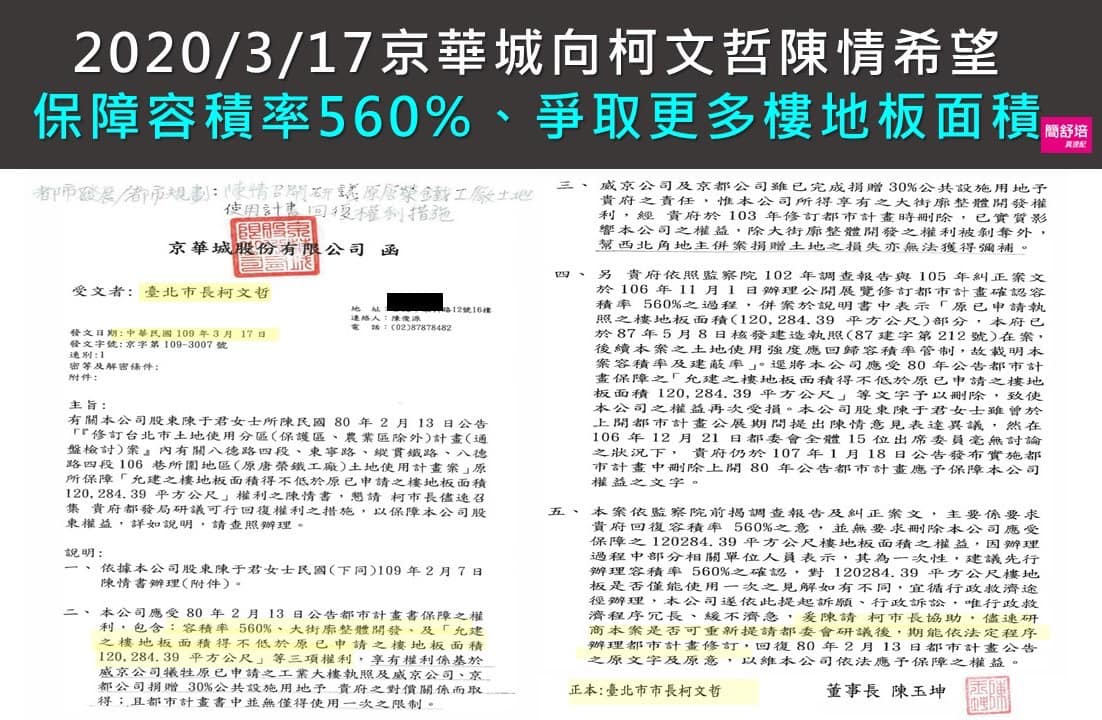 京華城容積爆增840％ 簡舒培曝柯文哲蓋章交辦公文 11