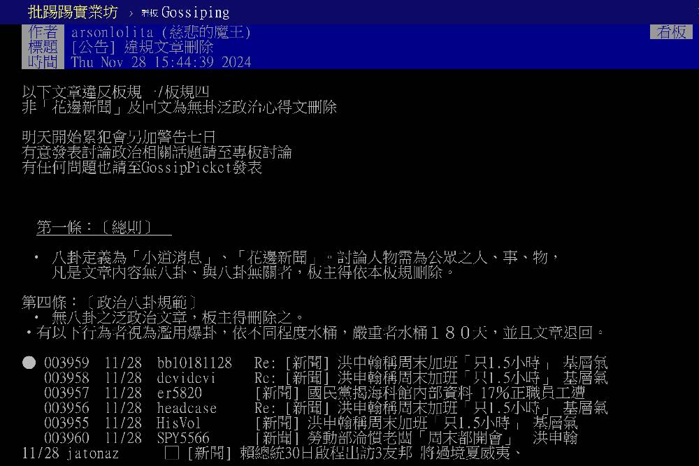 新聞講到「洪申翰」就刪文？　網友質疑PTT版主戒嚴中 7