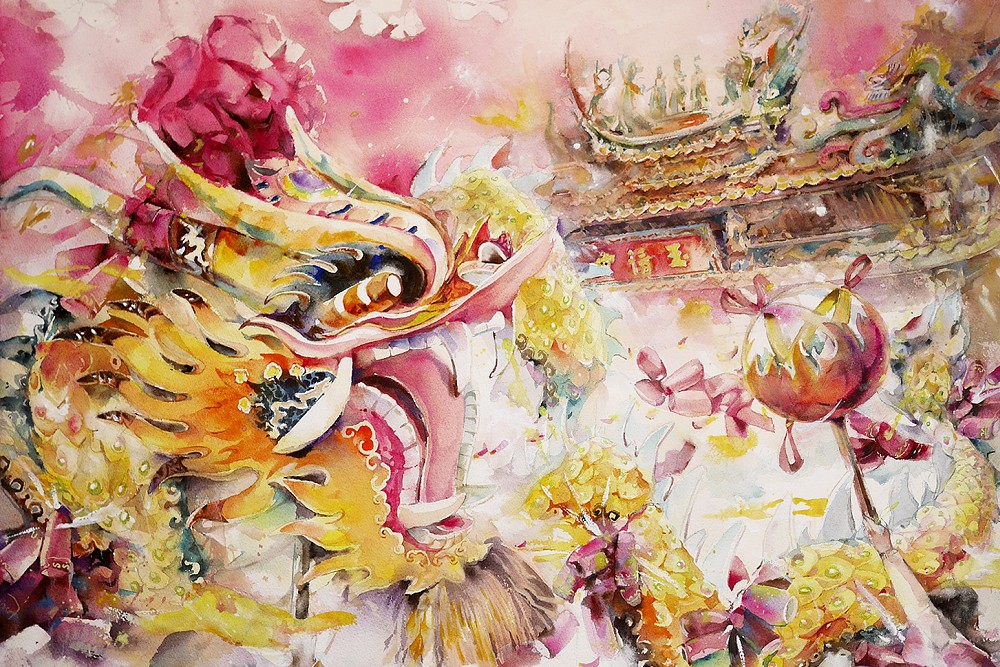 客籍水彩畫家丘璦珍最新創作　授權2026苗栗火旁龍主視覺超吸睛