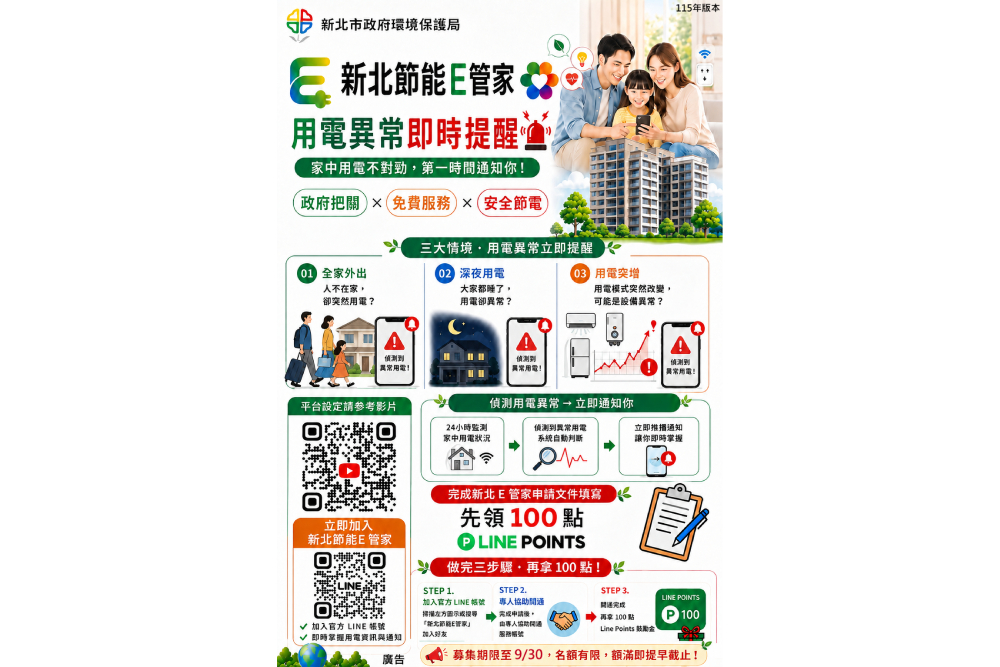 新北節能E管家推免費「異常用電即時通知服務」 9/30前申請享LINE POINTS 100點 11
